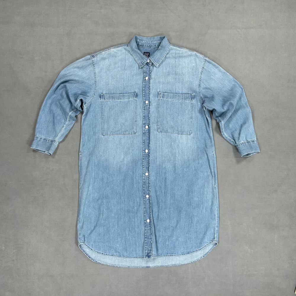 GAP Chambray Shirt Dress Women's Medium Blue Lightweight Denim 3/4 Sleeve Button